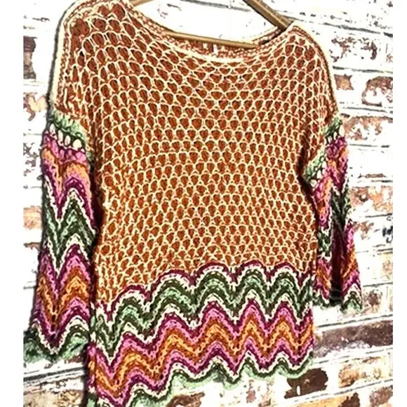 Free People Heatwave Oversized Pullover Cotton Knit Crochet Colorful Sweater - Picture 6 of 13